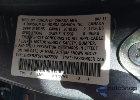 2014 Honda Civic Lx из США, поврежденный, VIN 2HGFB2F52EH522992